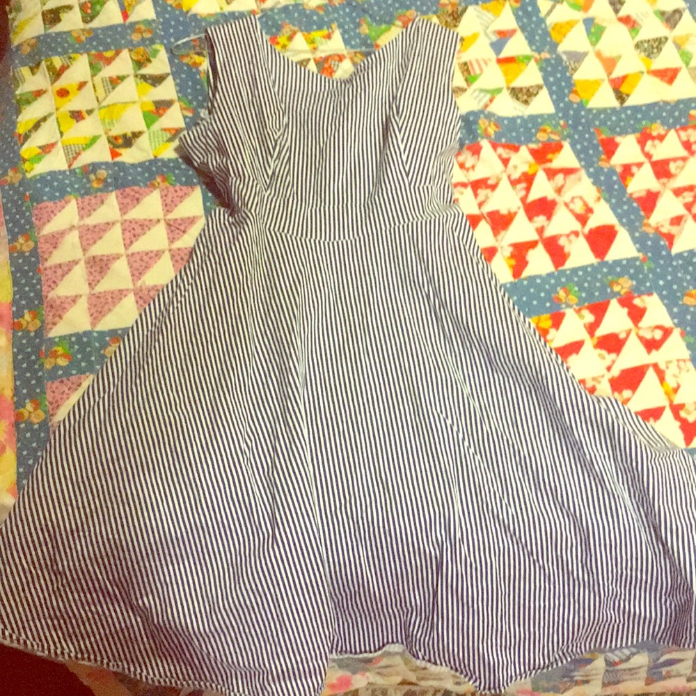 Blue and White Retro Striped Dress W/ Sash